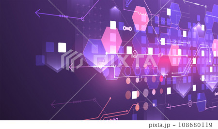 Abstract circuit board and hexagons on gradient color background. Hi-tech digital technology concept. Abstract circuit board and hexagons on gradient color background. Hi-tech digital technology concept. 108680119