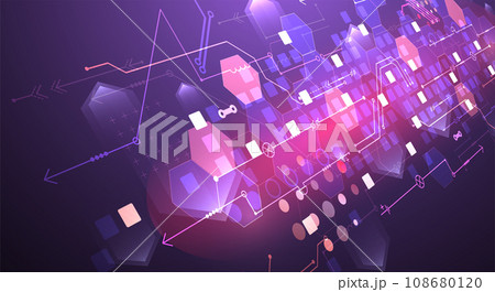 Abstract circuit board and hexagons on gradient color background. Hi-tech digital technology concept. Abstract circuit board and hexagons on gradient color background. Hi-tech digital technology concept. 108680120