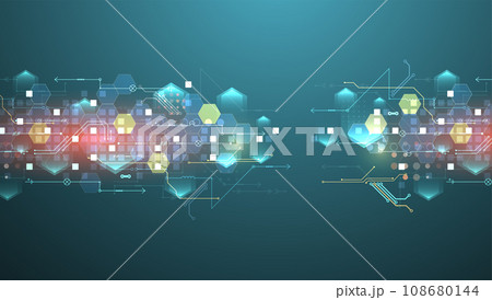 Abstract circuit board and hexagons on gradient color background. Hi-tech digital technology concept. Abstract circuit board and hexagons on gradient color background. Hi-tech digital technology concept. 108680144