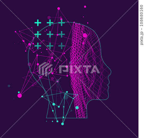 Outline of a human head with an abstract wave. Plexus effect. Outline of a human head with an abstract wave. Plexus effect. 108680160