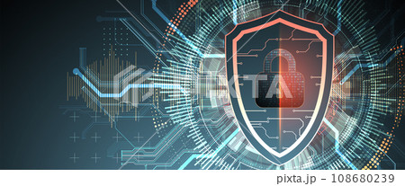 Technological abstract background on the topic of information protection and computer security. Shield with the image of a padlock in the middle. Technological abstract background on the topic of information protection and computer security. Shield with the image of a padlock in the middle. 108680239