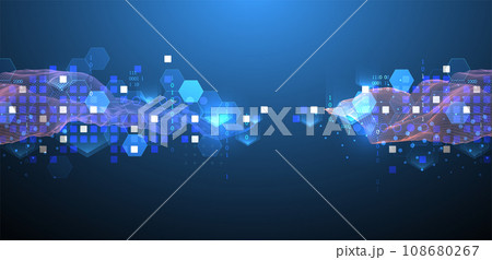 The abstract wave is made in a frame style in a bright gradient color. Template for science and technology presentation. 108680267