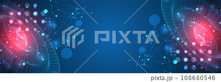 Template for science and technology presentation. Wireframe waves. Plexus style background. 108680546