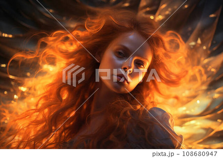 A woman with an attractive appearance and bright red hair flowing in the wind, the background is out of focus. Generative AI 108680947