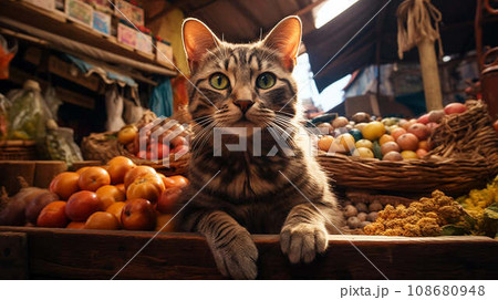 A gray tabby cat sits on a counter with vegetables at the market. A gray tabby cat sits on a counter with vegetables at the market. 108680948