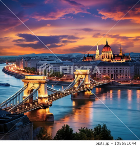 Budapest's dynamic cityscape at dusk 108681044