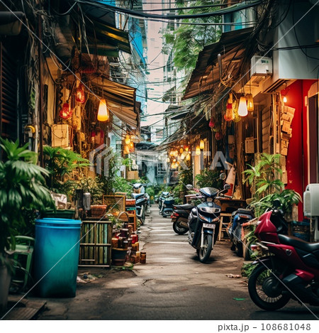 Bustling Alleyway in Ho Chi Minh City with Colorful Street Art and Vibrant Market Stalls 108681048