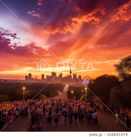 Breathtaking Sunset over Johannesburg Skyline with Iconic Landmarks and Diverse Travelers 108681059