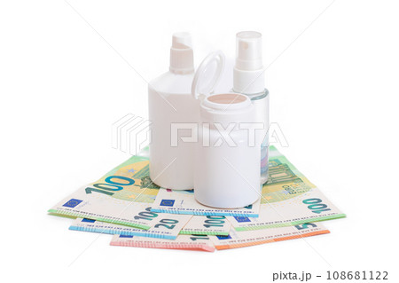 Different Bottles with Pills, Capsules and Medicines on the Euro Banknotes Different Bottles with Pills, Capsules and Medicines on the Euro Banknotes 108681122