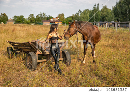 Beautiful young caucasian woman sitting near the horse. 108681587