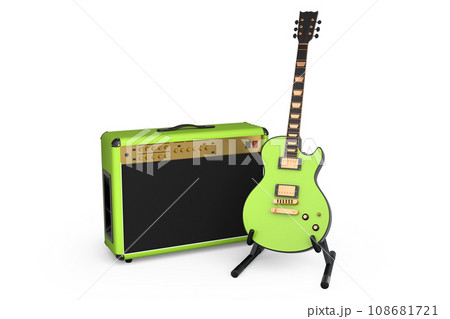 Classical amplifier with acoustic guitar on stand isolated on white background. Classical amplifier with acoustic guitar on stand isolated on white background. 108681721