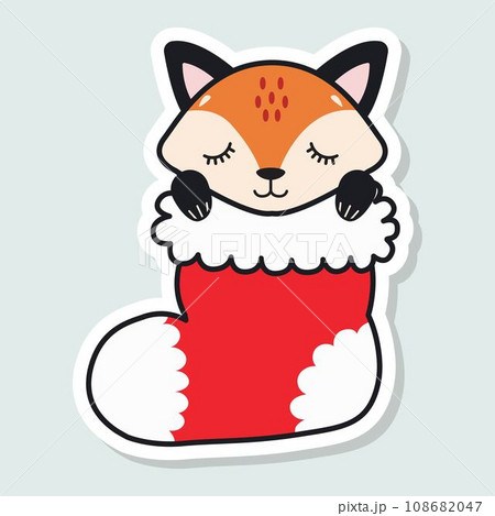 Cute little fox sleeps in a Christmas stocking. Happy Holidays. Winter animal. Christmas sticker. Vector illustration. 108682047