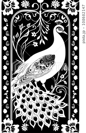 white stylized contour drawing of a peacock on a black background, monochrome graphics, design 108682147