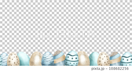 Color painted eggs seamless border. Watercolor illustration. Hand drawn Easter traditional painted eggs in tender colors. Easter festive seamless border. White background isolated 108682256
