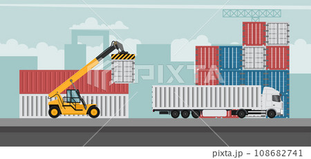 Container port terminal design background for export. Container trucks working 108682741