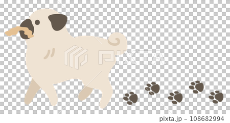 哈巴狗拿著玩具和腳印的插圖 哈巴狗拿著玩具和腳印的插圖 108682994