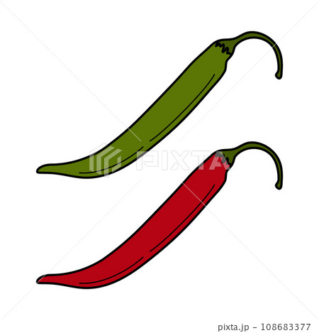 2 chili peppers pod in bright trendy colors red and green. Traditional Mexican condiments and spices 2 chili peppers pod in bright trendy colors red and green. Traditional Mexican condiments and spices 108683377