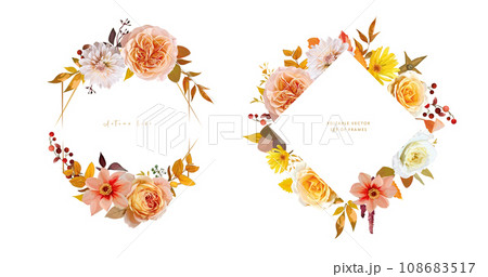 Fall leaves flowers wreath frame set. Autumn wedding invite, Thanksgiving greeting card design. Watercolor vector floral bouquet. Peach yellow rose, dahlia, red berries, orange eucalyptus illustration 108683517