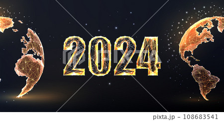 Abstract 2024 New Year digital web banner template. Futuristic greeting card on dark blue background Abstract 2024 New Year digital web banner template. Futuristic greeting card on dark blue background 108683541