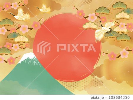 お正月和柄背景 富士山と梅と鶴のイラスト素材 [108684350] - PIXTA