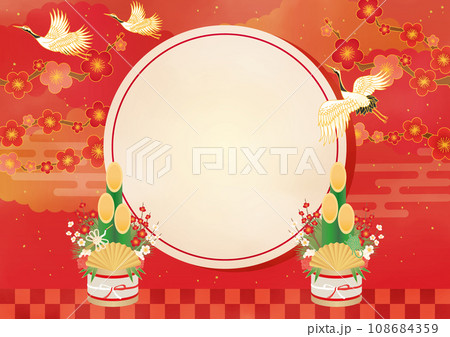 お正月 初売り 和柄テンプレート 鶴と門松 お正月 初売り 和柄テンプレート 鶴と門松 108684359