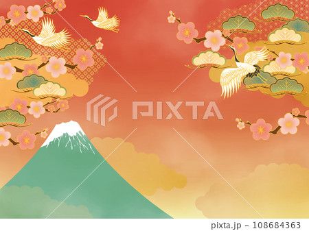 お正月和柄背景 富士山と梅と松と鶴のイラスト素材 [108684363] - PIXTA