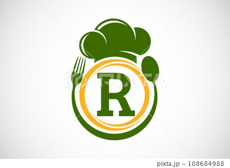 Initial alphabet with chef hat, spoon and fork. Modern vector logo for cafe, restaurant, cooking business, and company identity Initial alphabet with chef hat, spoon and fork. Modern vector logo for cafe, restaurant, cooking business, and company identity 108684988