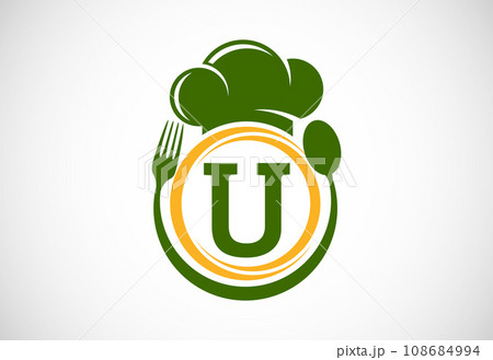 Initial alphabet with chef hat, spoon and fork. Modern vector logo for cafe, restaurant, cooking business, and company identity Initial alphabet with chef hat, spoon and fork. Modern vector logo for cafe, restaurant, cooking business, and company identity 108684994