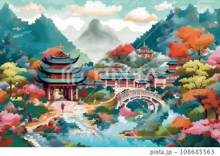春の花の丘の上に建つ仏閣のピクセル画 春の花の丘の上に建つ仏閣のピクセル画 108685563