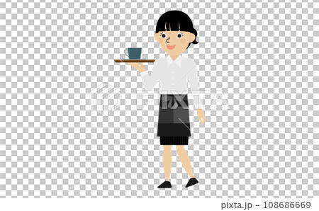 Full body of a young Japanese waitress with dark hair carrying coffee Full body of a young Japanese waitress with dark hair carrying coffee 108686669