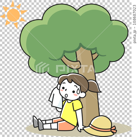 一個女孩在樹蔭下休息，避免陽光直射 108687023