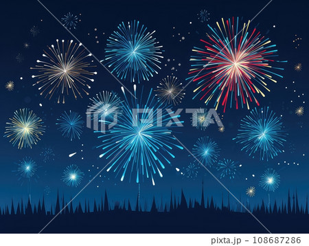 Festive Fireworks Vector Illustration on a Vibrant Blue Background for Celebrations,ai generated  108687286