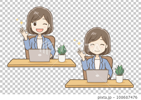 穿著西裝的女人在電腦前做出「OK」手勢,兩種表情 穿著西裝的女人在電腦前做出「OK」手勢,兩種表情 108687476