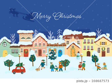 クリスマスの夜、雪が降る街の風景のイラスト クリスマスの夜、雪が降る街の風景のイラスト 108687573