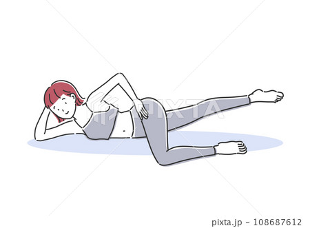 横向きで内ももを鍛えるストレッチポーズ 横向きで内ももを鍛えるストレッチポーズ 108687612