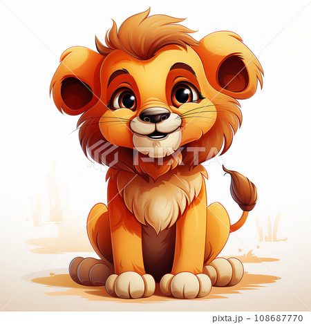Charming Young Lion Cub with Big Eyes in Cartoon Style. AI generation 108687770