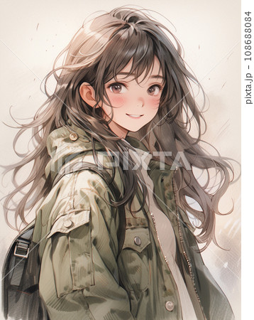 笑顔で振り向きジャケットの女の子 108688084