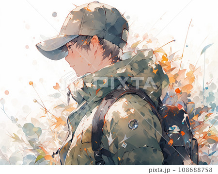 植物の背景と迷彩柄の冬のジャケットの男の子 108688758