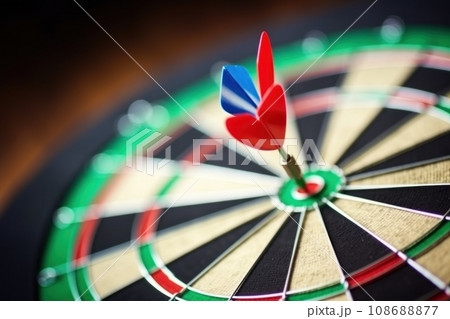 Close up a dart hitting the center of a dart board, Target and goal as concept 108688877