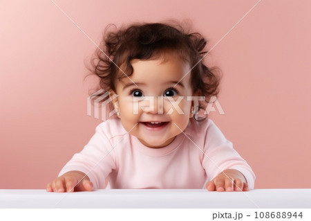 Close-up portrait of Cute little girl child happy on pastel background with copyspace area 108688944