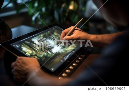 Close up of a Graphic Designer hand drawing on a digital tablet Generative AI 108689005