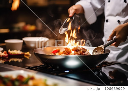 Close up of a professional chef preparing a delicious gourmet dish in a modern kitchen 108689099