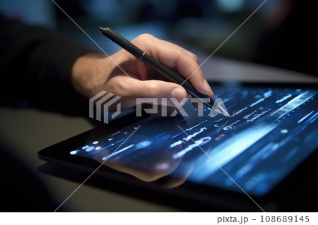 Close up of a hand drawing or writing on a digital tablet Close up of a hand drawing or writing on a digital tablet 108689145