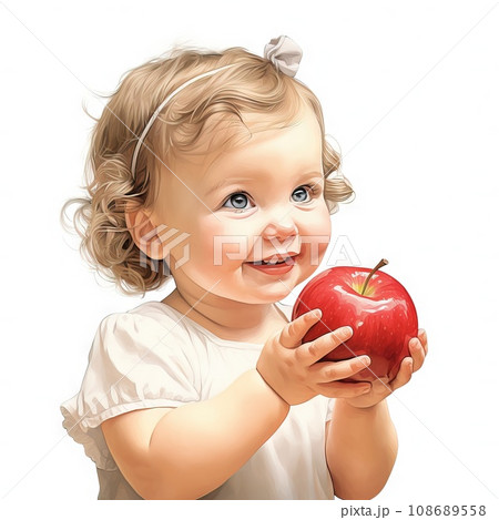 Portrait of little Baby Girl with Apple, clip art white background Generative AI 108689558