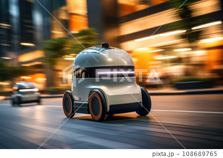Robot delivering packages to people's homes, reflecting the future. Generative AI 108689765