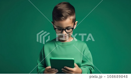 Portrait of smart girlish person wear stylish t-shirt holding smartphone on green color background 108689848