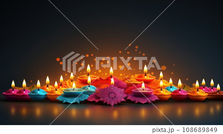Illustration of Diwali festival Diya Lamp with rangoli at the bottom. Generative AI 108689849