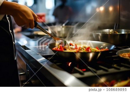 Close up of a professional chef preparing a delicious gourmet dish in a modern kitchen 108689893