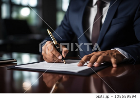Signing mortgage contract document and demonstrating. futuristic business copy space. Generative AI 108689894