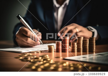 Accountant using calculator with coins and financial report, finance background Accountant using calculator with coins and financial report, finance background 108689929